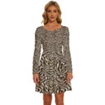 Brown Beige Snake Pattern Long Sleeve Wide Neck Velvet Dress