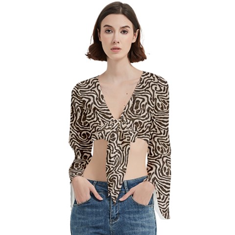 Brown Beige Snake Pattern Trumpet Sleeve Cropped Top from ArtsNow.com