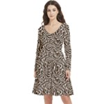 Brown Beige Snake Pattern Long Sleeve V-neck skater dress with Pockets