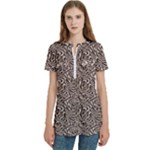 Brown Beige Snake Pattern Women s Zip Front V-Neck Short Sleeve Casual Top Pocket Shirt