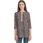 Brown Beige Snake Pattern Women s Zip Front V-Neck 3/4 Sleeve Casual Top Pocket Shirt