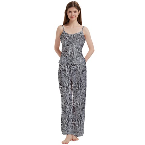 Dark Grey Snake Spaghetti Top Long Pants Satin Pajamas Set from ArtsNow.com