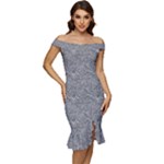 Dark Grey Snake Off Shoulder Ruffle Split Hem Bodycon Dress
