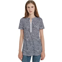 Women s Zip Front V-Neck Short Sleeve Casual Top Pocket Shirt 