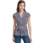 Blue Black Snake Pattern Women s Cap Sleeve Mandarin Collar Waist Tie Blouse