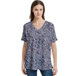 Blue Black Snake Pattern V-Neck Split Shoulder Casual T-Shirt