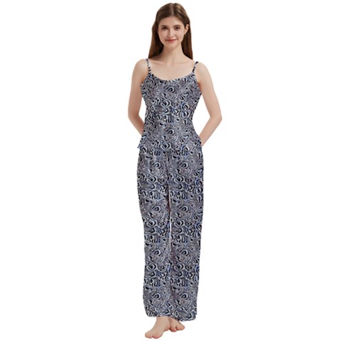 Blue Black Snake Pattern Spaghetti Top Long Pants Satin Pajamas Set from ArtsNow.com