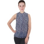 Blue Black Snake Pattern Mock Neck Chiffon Sleeveless Top