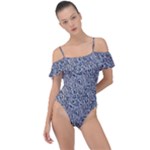 Blue Black Snake Pattern Frill Detail One Piece Swimsuit