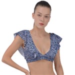 Blue Black Snake Pattern Plunge Frill Sleeve Bikini Top