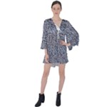 Blue Black Snake Pattern V-Neck Flare Sleeve Mini Dress