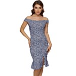 Blue Black Snake Pattern Off Shoulder Ruffle Split Hem Bodycon Dress