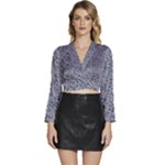 Blue Black Snake Pattern Long Sleeve Tie Back Satin Wrap Top