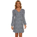 Blue Black Snake Pattern Long Sleeve Waist Tie Ruffle Velvet Dress