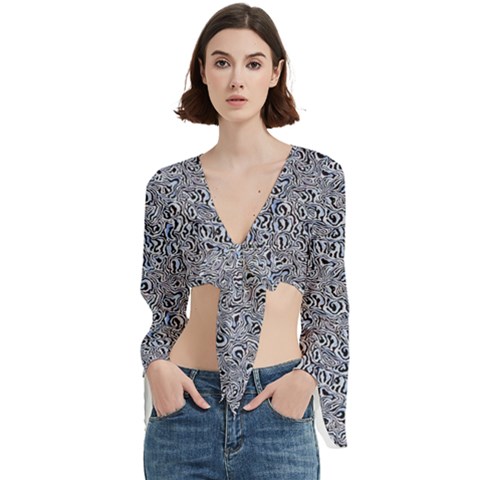 Blue Black Snake Pattern Trumpet Sleeve Cropped Top from ArtsNow.com