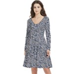 Blue Black Snake Pattern Long Sleeve V-neck skater dress with Pockets