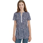 Blue Black Snake Pattern Women s Zip Front V-Neck Short Sleeve Casual Top Pocket Shirt