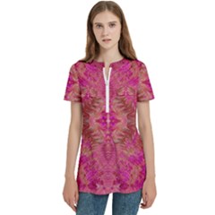 Women s Zip Front V-Neck Short Sleeve Casual Top Pocket Shirt 