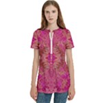 Tondo symmetry Women s Zip Front V-Neck Short Sleeve Casual Top Pocket Shirt