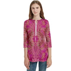 Women s Zip Front V-Neck 3/4 Sleeve Casual Top Pocket Shirt 