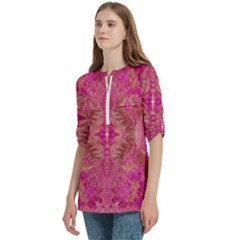 Women s Zip Front V-Neck 3/4 Sleeve Casual Top Pocket Shirt 