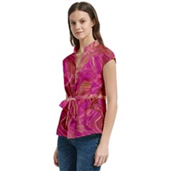 Women s Cap Sleeve Mandarin Collar Waist Tie Blouse 