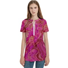 Women s Zip Front V-Neck Short Sleeve Casual Top Pocket Shirt 