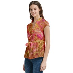 Women s Cap Sleeve Mandarin Collar Waist Tie Blouse 