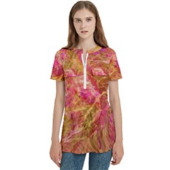 Women s Zip Front V-Neck Short Sleeve Casual Top Pocket Shirt 