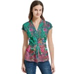 Green Pour Women s Cap Sleeve Mandarin Collar Waist Tie Blouse