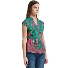 Women s Cap Sleeve Mandarin Collar Waist Tie Blouse 