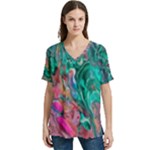 Green Pour V-Neck Split Shoulder Casual T-Shirt