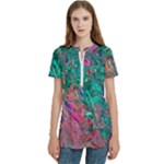 Green Pour Women s Zip Front V-Neck Short Sleeve Casual Top Pocket Shirt