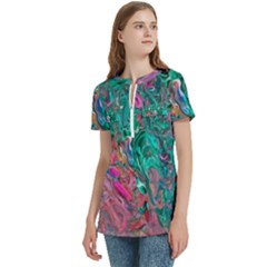 Women s Zip Front V-Neck Short Sleeve Casual Top Pocket Shirt 