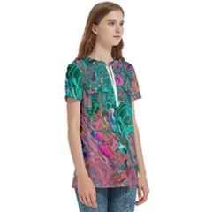 Women s Zip Front V-Neck Short Sleeve Casual Top Pocket Shirt 