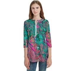 Women s Zip Front V-Neck 3/4 Sleeve Casual Top Pocket Shirt 