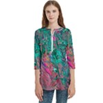 Green Pour Women s Zip Front V-Neck 3/4 Sleeve Casual Top Pocket Shirt