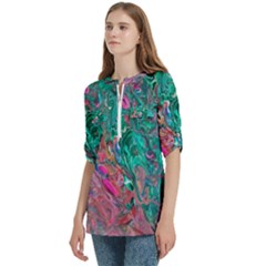 Women s Zip Front V-Neck 3/4 Sleeve Casual Top Pocket Shirt 