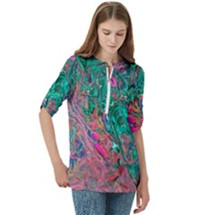 Women s Zip Front V-Neck 3/4 Sleeve Casual Top Pocket Shirt 