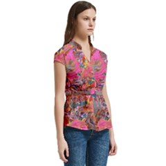 Women s Cap Sleeve Mandarin Collar Waist Tie Blouse 