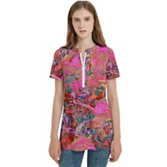 Women s Zip Front V-Neck Short Sleeve Casual Top Pocket Shirt 