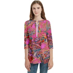 Women s Zip Front V-Neck 3/4 Sleeve Casual Top Pocket Shirt 