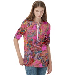Women s Zip Front V-Neck 3/4 Sleeve Casual Top Pocket Shirt 