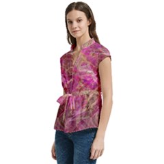 Women s Cap Sleeve Mandarin Collar Waist Tie Blouse 