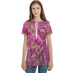 Women s Zip Front V-Neck Short Sleeve Casual Top Pocket Shirt 