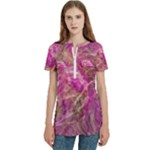 Pink blend Women s Zip Front V-Neck Short Sleeve Casual Top Pocket Shirt