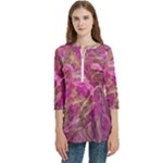 Pink blend Women s Zip Front V-Neck 3/4 Sleeve Casual Top Pocket Shirt