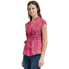 Women s Cap Sleeve Mandarin Collar Waist Tie Blouse 