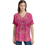 Pink Pour  V-Neck Split Shoulder Casual T-Shirt