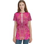 Pink Pour  Women s Zip Front V-Neck Short Sleeve Casual Top Pocket Shirt